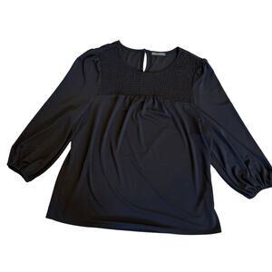 Womens Black Top/Blouse Pullover Crepe Loose Fit Smocked 3/4 Sleeves Size XL